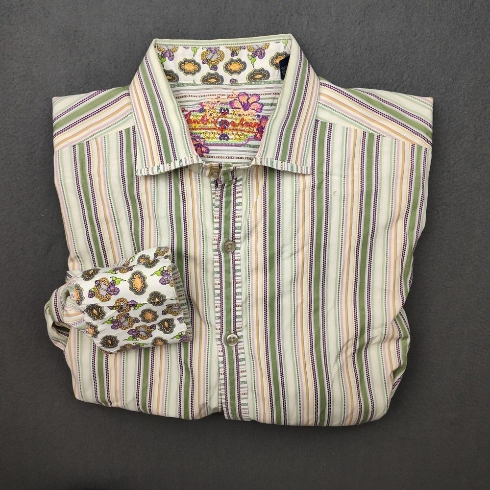 Robert Graham Shirt Mens Large Green Embroidered Spread Flip Cuff Button up Work